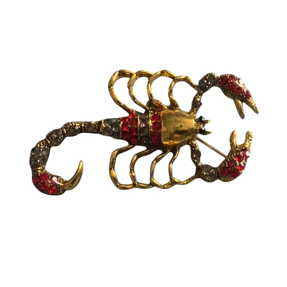 Scorpio Zodiac Brooch Red Rhinestone Gold Tone Scorpion Pin Astrology Gift